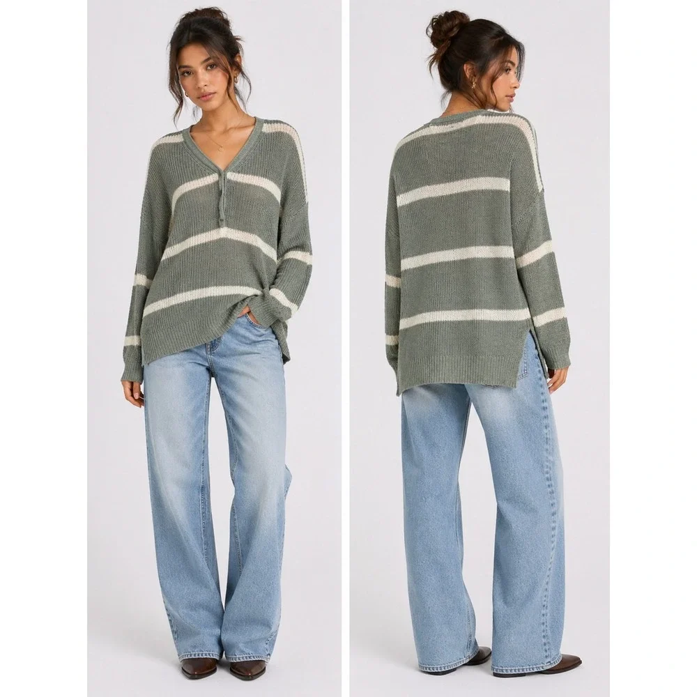 American Eagle Henley Sweater Womens XS/S Green Striped High Low‎ Coastal Boho